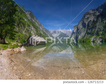 Bootshaus am Obersee lake in Berchtesgaden National Park, Alps Germany 126713213