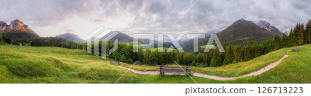 Meadow with road and bench in Berchtesgaden National Park 126713223