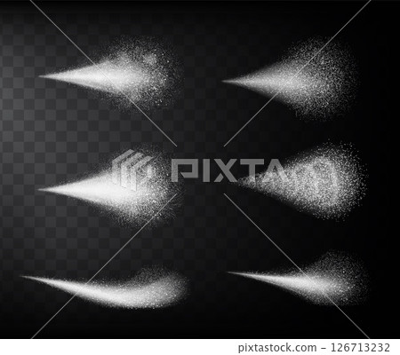 Transparent water spray mist of atomizer or smoke, paint dust particles. Vector illustration set 126713232