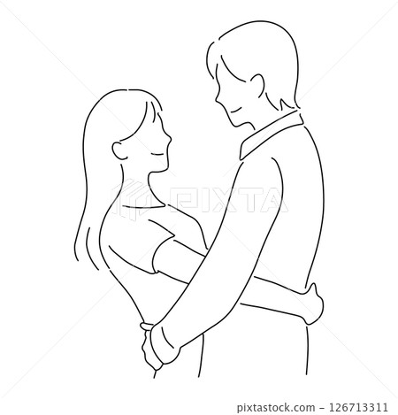 一對男女互相微笑和大笑,線條藝術,兩個人互相看著對方,互相擁抱 一對男女互相微笑和大笑,線條藝術,兩個人互相看著對方,互相擁抱 126713311