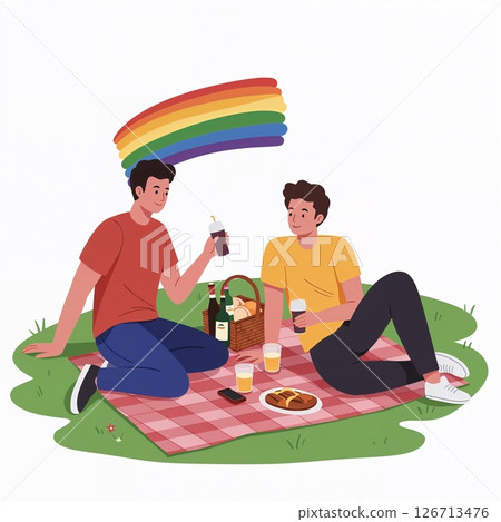 Illustration of a gay couple relaxing on a picnic blanket under a rainbow, celebrating love, pride, and inclusive relationships. Illustration of a gay couple relaxing on a picnic blanket under a rainbow, celebrating love, pride, and inclusive relationships. 126713476