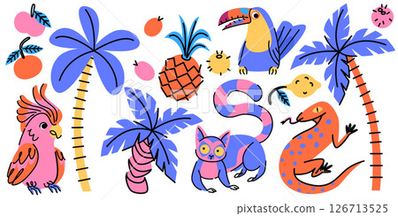 Retro tropical sticker set with animal characters 126713525