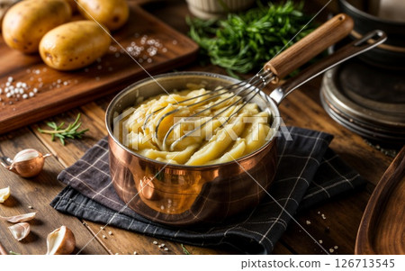 Copper Saucepan Holds Creamy Mashed Potatoes With Whisk 126713545