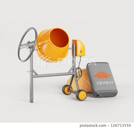 3d concrete mixer with cement bag and yellow sand pile. Construction site equipment with electric motor, steel drum and cast iron ring gear. Building materials, isolated render set. 3D illustration 126713550