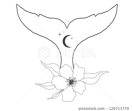 Whale tail with flower circles stars and moon line sketch minimal geometric tattoo. Mermaid or ocean mammal with waves vintage. Whale tail with flower circles stars and moon line sketch minimal geometric tattoo. Mermaid or ocean mammal with waves vintage. 126713779