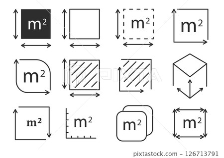 Square meter icon line quantity area, m2 measuring area sign symbol. Simple territory measurement. Flat area square meter. Square meter icon line quantity area, m2 measuring area sign symbol. Simple territory measurement. Flat area square meter. 126713791