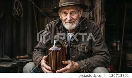 Weathered Craftsman Proudly Displaying Handmade Whiskey in Rustic Workshop Setting Weathered Craftsman Proudly Displaying Handmade Whiskey in Rustic Workshop Setting 126713891