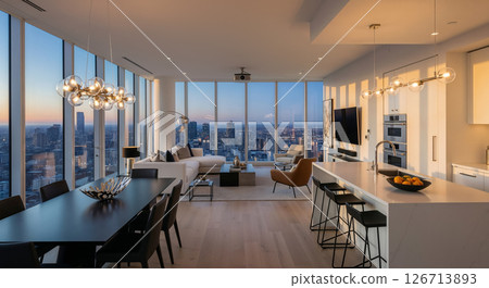 Stunning Contemporary Penthouse Living Space Overlooking Urban Skyline During Twilight Hour Stunning Contemporary Penthouse Living Space Overlooking Urban Skyline During Twilight Hour 126713893