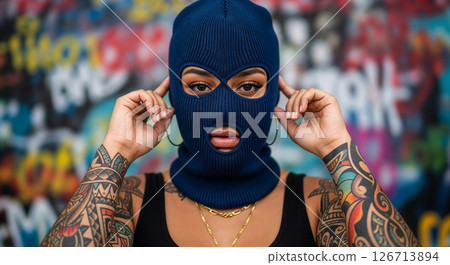 Urban Gang Woman in Balaclava Against Vibrant Graffiti Art Urban Gang Woman in Balaclava Against Vibrant Graffiti Art 126713894