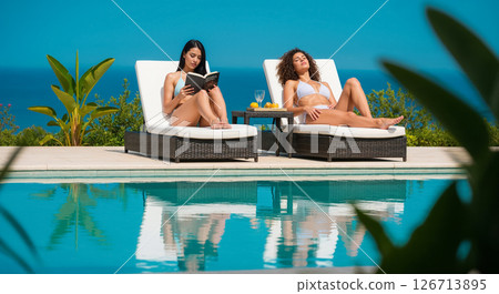Two Friends Enjoying Perfect Poolside Relaxation Day Reading and Sunbathing Together Two Friends Enjoying Perfect Poolside Relaxation Day Reading and Sunbathing Together 126713895