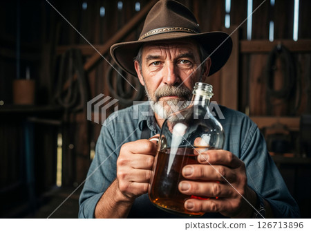 Moonshiner Craftsman Proudly Displaying Handcrafted Whiskey Bottle in Rustic Distillery Moonshiner Craftsman Proudly Displaying Handcrafted Whiskey Bottle in Rustic Distillery 126713896
