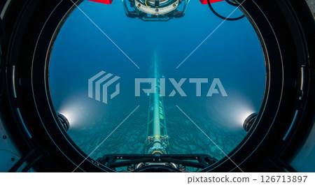 Deep Sea Submersible Porthole View Revealing Ocean Floor Illuminated Pipeline Deep Sea Submersible Porthole View Revealing Ocean Floor Illuminated Pipeline 126713897
