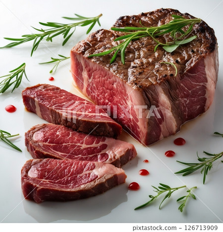 Wagyu Steak With Herbs on White Background 126713909