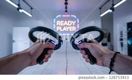 Virtual Reality Gaming Experience With Controllers in Hand Virtual Reality Gaming Experience With Controllers in Hand 126713913