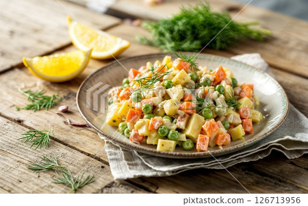 Delicious Insalata Russa Served With Fresh Lemon Slices Delicious Insalata Russa Served With Fresh Lemon Slices 126713956
