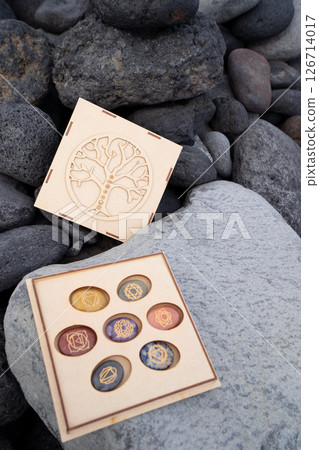 Healing crystals on brown background Healing crystals on brown background 126714017