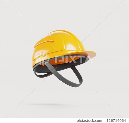 Yellow construction helmet for worker head safety. Realistic 3d render icon of side view on engineer or architect protection hard hat. Miner cap, isolated plastic headgear mockup. 3D illustration Yellow construction helmet for worker head safety. Realistic 3d render icon of side view on engineer or architect protection hard hat. Miner cap, isolated plastic headgear mockup. 3D illustration 126714064