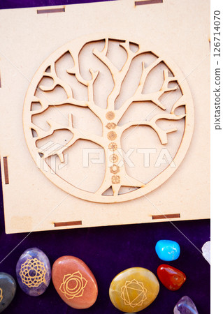 Healing crystals on brown background 126714070