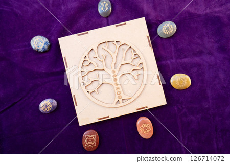Healing crystals on brown background 126714072