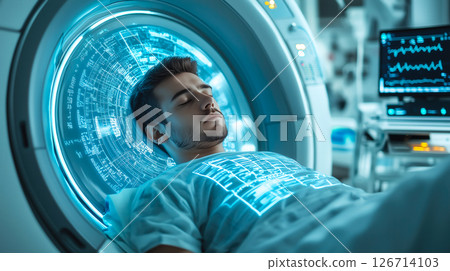 A patient lies calmly inside an MRI machine in a hospital. The concept of advanced medical imaging, healthcare technology, and diagnostic precision. Generative AI 126714103
