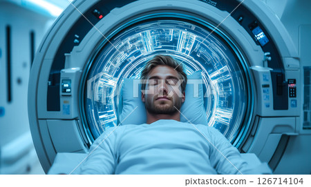 A patient lies calmly inside an MRI machine in a hospital. The concept of advanced medical imaging, healthcare technology, and diagnostic precision. Generative AI 126714104