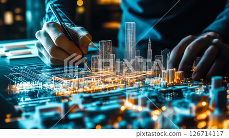An architect brings architectural designs to life with 3D holographic construction models. The concept of innovation in architecture and futuristic design. Generative Ai. 126714117
