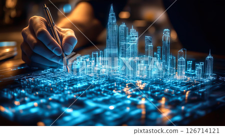 An architect brings architectural designs to life with 3D holographic construction models. The concept of innovation in architecture and futuristic design. Generative Ai. 126714121