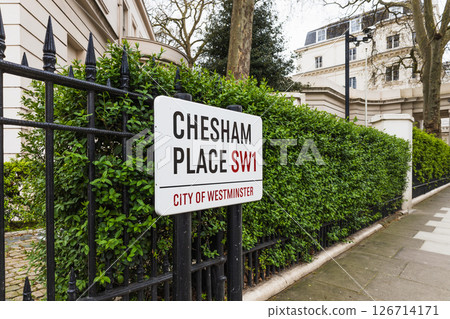 Chesham Place Street Sign in SW1 City of Westminster, London with Iron Fence 126714171