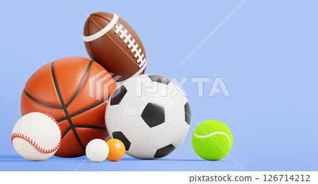 Sport ball pile on blue background. Sports shop sale banner with soccer, basketball, baseball, american football, tennis, ping pong balls. Poster template for game match, competition. 3D illustration 126714212