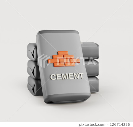 3d cement bags stack. Construction powder sacks, gray paper package with brick print and letters isolated on white background. Cartoon building material for concrete production render. 3D illustration 3d cement bags stack. Construction powder sacks, gray paper package with brick print and letters isolated on white background. Cartoon building material for concrete production render. 3D illustration 126714256