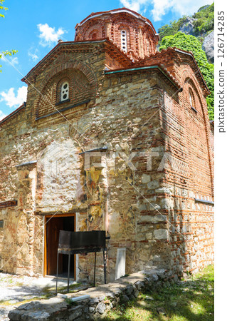 Church Holy Mother of God Zahumska, built in 1299, on a shores of Ohrid Lake in North Macedonia Church Holy Mother of God Zahumska, built in 1299, on a shores of Ohrid Lake in North Macedonia 126714285
