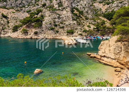 View of Calanque de Morgiou on the Mediterranean shore between Marseille and Cassis in the south of France 126714306