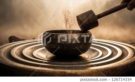 A hand strikes a singing bowl, creating sound waves in morning light 126714334