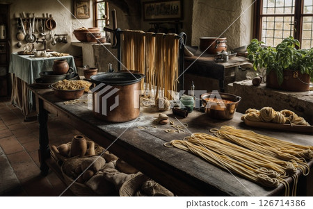 Traditional Pasta-Making Scene in Rustic Italian Countryside Kitchen 126714386