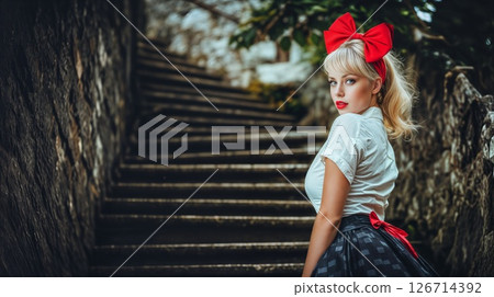 Vintage Pinup Elegance on Stone Stairway: Retro Fashion with Bold Red Accents Vintage Pinup Elegance on Stone Stairway: Retro Fashion with Bold Red Accents 126714392