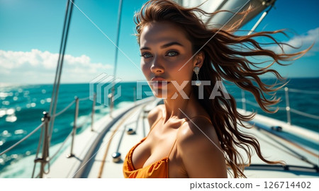Sun-kissed fashion portrait aboard luxury yacht Journey with Flowing Hair and Turquoise Sea Sun-kissed fashion portrait aboard luxury yacht Journey with Flowing Hair and Turquoise Sea 126714402