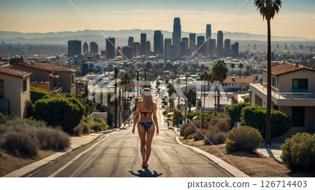 Scenic perspective of a person walking down a palm-lined residential street. California Dreaming Concept 126714403