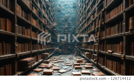 Ancient Archives Corridor: Endless Knowledge Shelves in Mystical Library 126714412