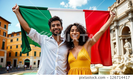 Proud Italian Flag Display Against Historic Architecture in Summer Square 126714417
