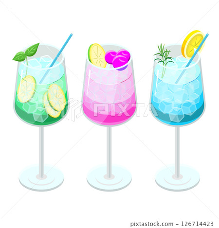 Set of cocktails with fruits_isometric illustration Set of cocktails with fruits_isometric illustration 126714423