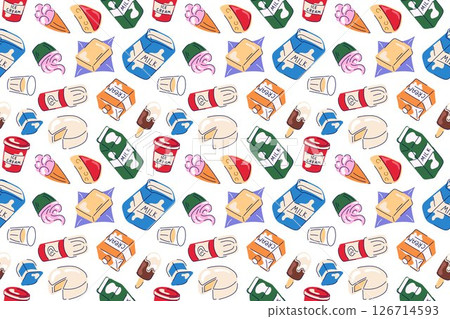 Milk dairy product seamless pattern in flat style. Wallpaper design with ice cream, cupcake, cheese, butter, whipped cream, glass of milk on a white background. 126714593
