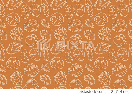 Seamless nut pattern in line art style on brown background. Almond, walnut, cashew, hazelnut, macadamia, pecan, peanut and pistachio. Ideal for food packaging, restaurant menu kitchen wallpaper. Seamless nut pattern in line art style on brown background. Almond, walnut, cashew, hazelnut, macadamia, pecan, peanut and pistachio. Ideal for food packaging, restaurant menu kitchen wallpaper. 126714594