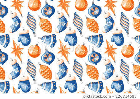 Seamless pattern with Christmas tree decorations in shape mitten, pine cone, star, bell. Vintage carton style holiday ornament on white background. Seamless pattern with Christmas tree decorations in shape mitten, pine cone, star, bell. Vintage carton style holiday ornament on white background. 126714595