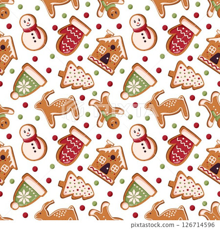 Seamless pattern with gingerbread cookie and candy in cartoon style. Perfect for Christmas Day and New Year packaging, banners, decorations. 126714596