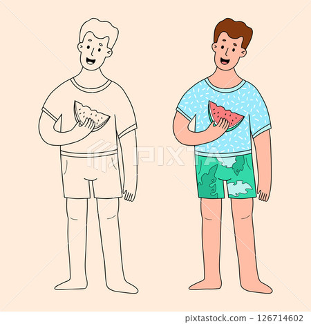 Happy Man Beachgoer with Watermelon. Male Character Beach. Isolated Color and Outline linear hand drawing. Vector illustration 126714602