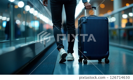 Modern Business Traveler Walking Through Airport Terminal with Blue Luggage 126714630