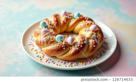 Festive Easter Bread Wreath Adorned with Pastel Candy Eggs and Sprinkles 126714633