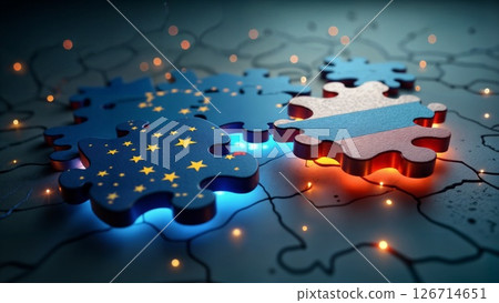 EU-Russia Relations Symbolized Through Illuminated Puzzle Pieces in Geopolitical Game 126714651