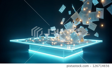 Digital Transformation Concept with Data Documents Rising from Glowing Interface Table Digital Transformation Concept with Data Documents Rising from Glowing Interface Table 126714656