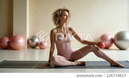Serene Wellness Practitioner in Dusty Rose Activewear with Exercise Ball Studio Serene Wellness Practitioner in Dusty Rose Activewear with Exercise Ball Studio 126714657